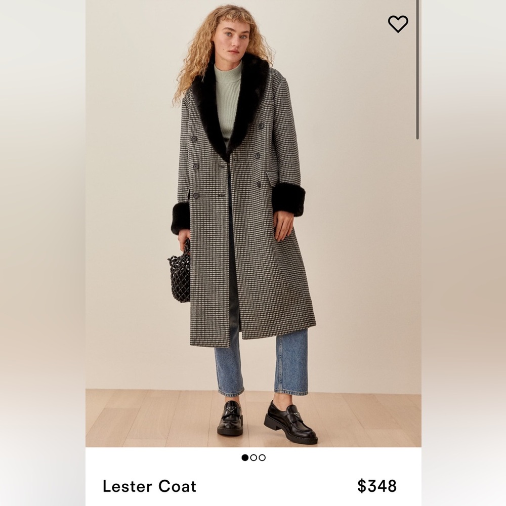 Reformation Lester goat with fit Shaw collar and fur cuffs black and white